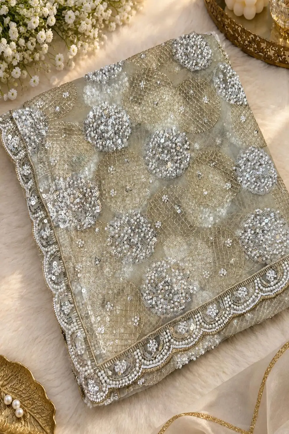 Golden Net Beads & Pearl Work Party Shine Party Wear Saree